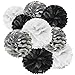 ALLYDREW Tissue Paper Pom Poms Hanging Party Decoration - Black, Silver & White (set of 9)