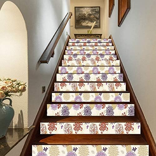 Beige Staircase Stickers,Colored Ornate Flowers and Leaves Blossoms Ethnic Bohemian Floral Swirls Art Deco Decorative Self-Adhesive Wall Stair Stickers Mural Wallpaper for Home Decor,39.3"x7"x13PCS