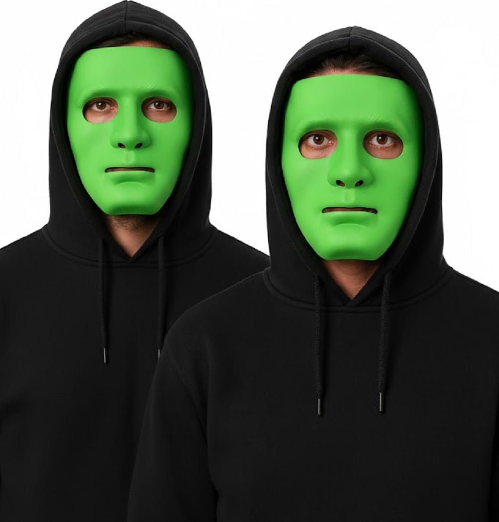 Komonee 2 x Halloween Mask Plain Green Costume Adult Outfit Scary Spooky Horror Party Face Fancy Dress Cosplay For Men Women