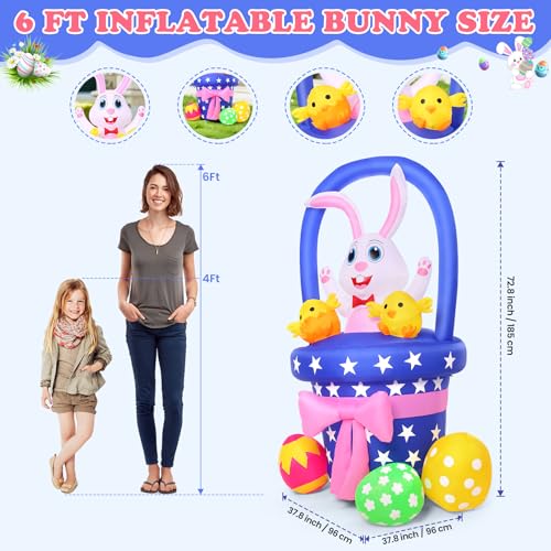Easter Inflatable Bunny Outdoor Decorations, Blow Up Easter Rabbit with Basket, Chick & Colorful Eggs, Built-in LED Lights Yard Decoration for Indoor Outside (6FT Bunny with Basket)