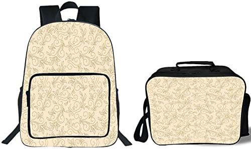 iPrint 19" School Backpack & Lunch Bag Bundle,Beige,Doodle Style Curved Floral Motifs Romantic Sophisticated Feminine Patterns Oriental Boho Art Decorative,Beige,for Boys Girls