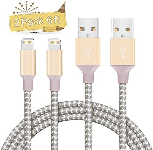 Rywell iPhone Charger Extra Long Nylon Braided Lightning Sync and Charging Cord 2Pack 6ft for iPhone X iPhone 8 7 7 Plus 6 6s 6 Plus 6s Plus 5c 5s 5 SE iPad Air Mini iPod Touch (Champagne Gold)