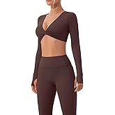 SUUKSESS Women 2 Piece Workout Sets Long Sleeve Twist Deep V Crop Padded Tops Yoga Leggings with Side Pockets (Dark Brown, L)