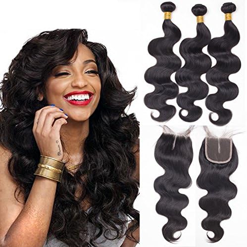 Feel me Hair Malaysian Body Wave 3 Bundles with Closure 100% Unprocessed Virgin Human Hair Weave with 4x4 Lace Closure Malaysian Hair Extensions (12 14 16 with 12 middle part)