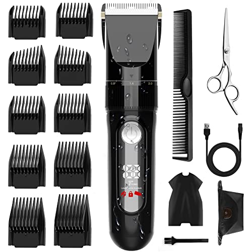 バリカン【2023新登場 USB充電式】ヘアカッター メンズ 電動ばりかん 散髪用 自動研磨 プロ仕様 0.8-24mm対応 LEDディスプレイ 2段階モード 全身防水 家庭用 業務用 子供用 セルフカット 低騒音 水洗い可 リミットコーム 散髪ケープ ハサミ付き 日本語説明書