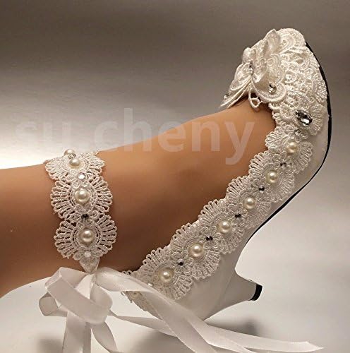 JINGXINSTORE 2 cm/5" Heel Ivory Low Heel Lace Bow Crystal Pearl Wedding Shoes Bride Size 5-12