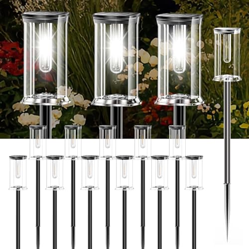 SOLARBABY Pack of 12 LED Solar Lights Outdoor Garden, IP65 Outdoor Solar Lights with Twilight Sensor and Auto Ignition, Solar Lighting for Path, Garden, Terrace and Sidewalk, Cold White Light