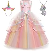 Yipkorra Unicorn Dress for Girls Unicorn Costume Pageant Princess Party Birthday Long Gown with Unicorn Headband & Necklace
