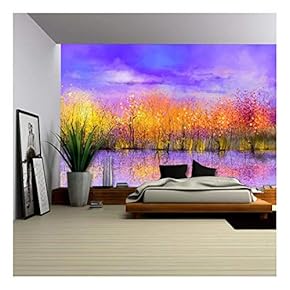 Oil Painting Landscape - Colorful Autumn Trees. Semi Abstract Image of Forest - Removable Wall Mural | Self-Adhesive Large Wallpaper - 66x96 inches