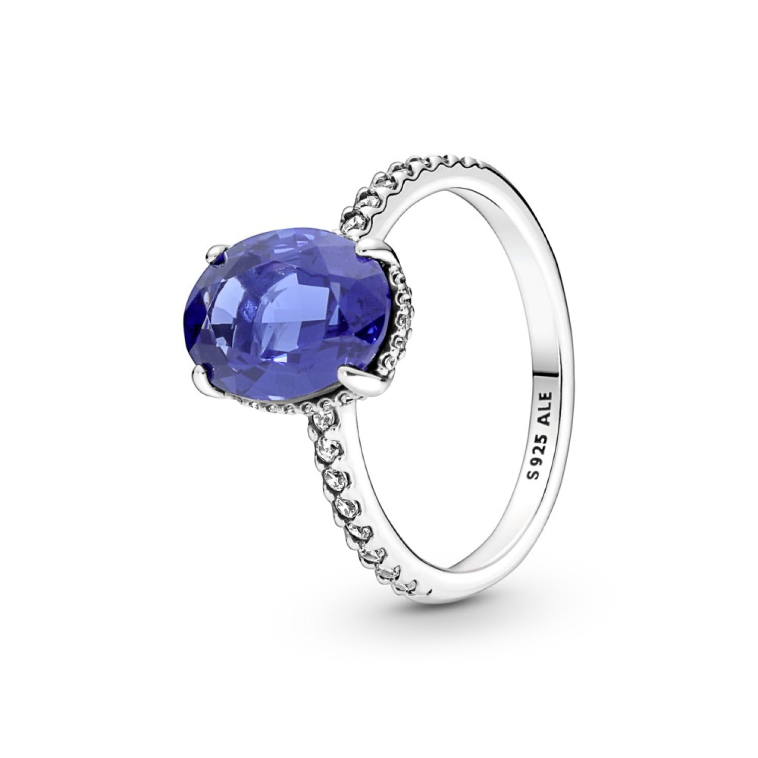 Pandora Timeless Sterling silver statement halo ring with princess blue crystal and clear cubic zirconia, 52