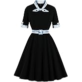 Women Half Sleeve Sailor Tie Neck 1940 Vintage Dress 50s 60s Audrey Hepburn Rockabilly Cocktail Swing Dress 1950s Tea Party Dress with Belt Pleated Wedding Prom A-Line Midi Evening Gown Black XL
