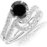 Houston Diamond District 2.27 Carat t.w Curving Pave & Prong-Set Round Diamond Engagement Ring and Wedding Band Set w/a 2 Carat Round Cut Black Diamond Heirloom Quality