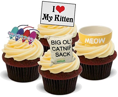 I LOVE MY NEW KITTEN MIX Cat Catnip Bowls Mice - Fun Novelty PREMIUM STAND UP Edible Wafer Paper Cake Toppers Decoration