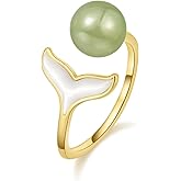 LOOYUUPEE Natural Hetian Jade Ring for Women, Dainty Lucky Green Jade Finsh Tail Rings Handmade Adjustable Band Jewelry Gift for Valentine and Mom (925 Sterling Silver with Gold Plated)