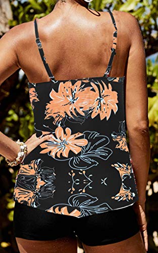 CIZITZZ Women\'s 2 Piece Swimsuits High Neck Halter Printed Tankini Sets Tummy Control Bathing Suit,Black Floral,S