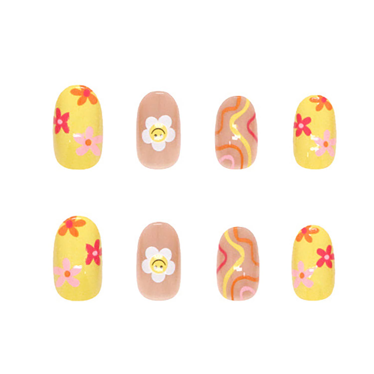 24 Pcs Flower Press on Nails, Almond French Tips Fake Nails Short, Sun Flower False Nails With Glue Stickers, Cute Acrylic Nails for Women and Girls - Image 3