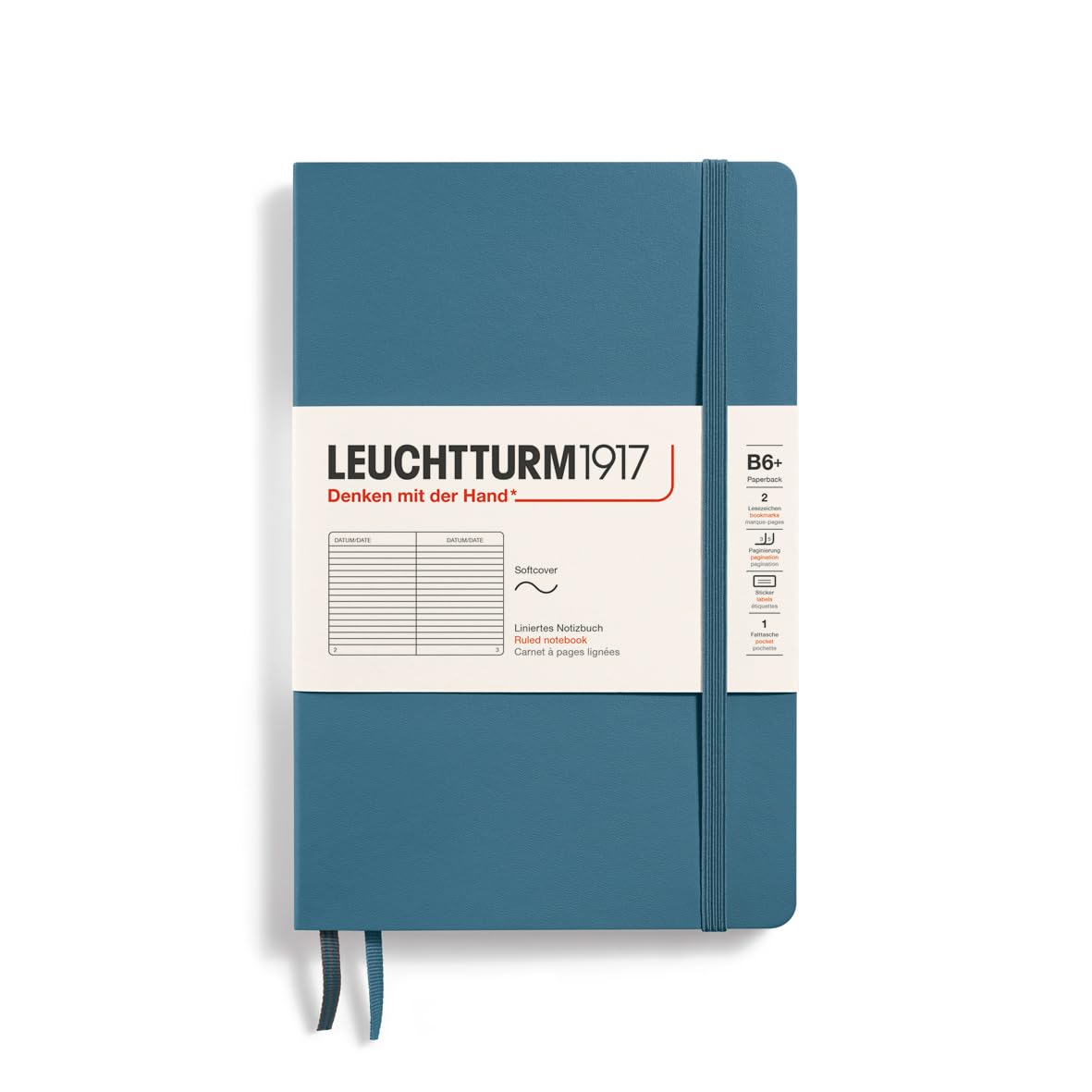 LEUCHTTURM1917 365644 Notebook Paperback (B6+), Softcover, 123 Numbered Pages, Stone Blue, Ruled