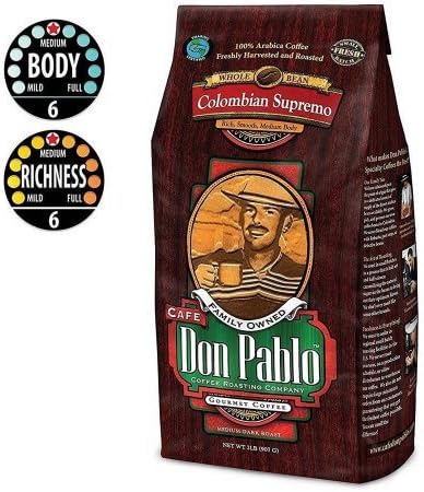 2LB Cafe Don Pablo Gourmet Coffee Colombian Supremo - Medium-Dark Roast- Whole Bean Coffee - 100% Arabica, 2 Pound (Pack of 3)
