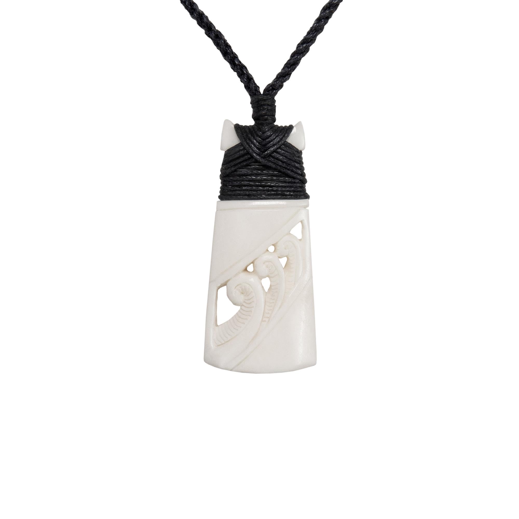 81stgeneration Hand-Carved Bone HEI Toki Pendant with Fern Frond Engraving - Maori-Style Triple Koru Cord Neckace - Men's Surfer Accessory - Handmade Tribal Statement Jewellery for Women