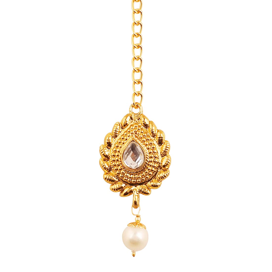 Touchstone Indian Bollywood Ethnic And Pretty Designer Jewelry Mangtika, embellished With Kundan Polki Look and Faux Pearls Attached with Beautiful Chain For Women In Antique Gold Tone. โ image 1
