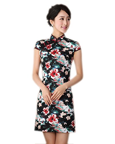 JTC Women Cheongsam Chinese Mini Dress Cup Sleeve Flowers Pattern Black