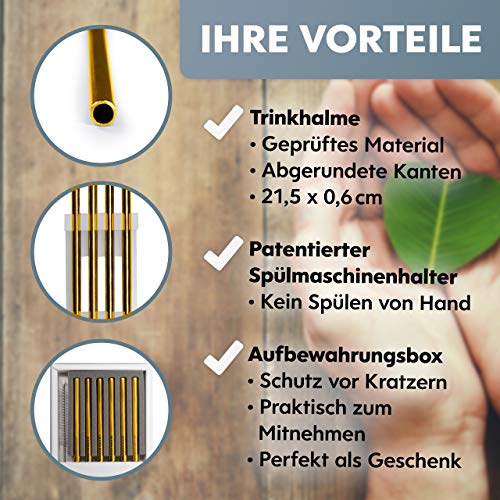 INDORAIN Edelstahl-Strohhalme (Gold, 6mm - lang) - Exklusives Set - 6 wiederverwendbare Metall Trinkhalme + innovativen… – Bild 4