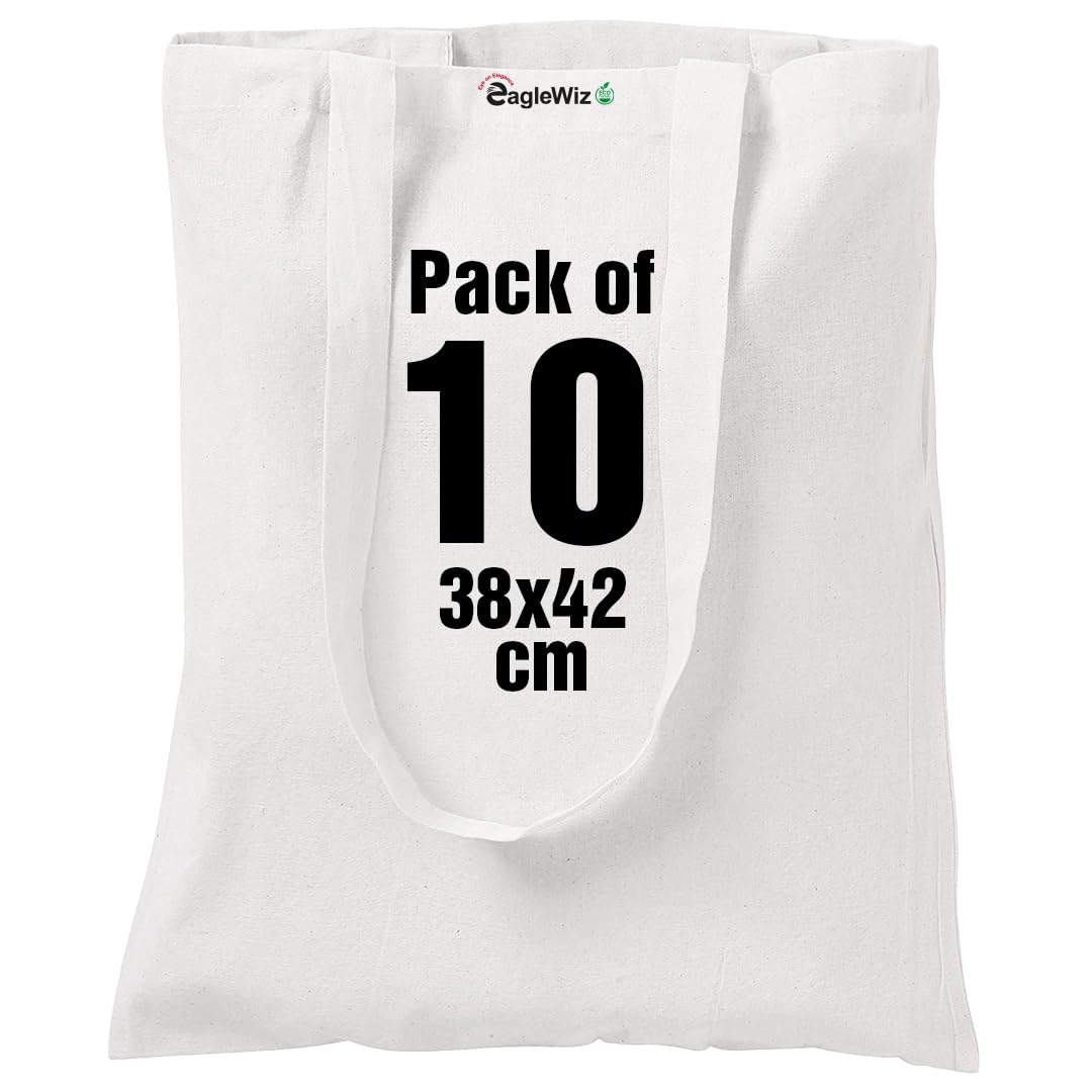 EagleWiz Natural Cotton Canvas Tote bag, Reusable grocery bags, 5 oz cotton canvas tote, eco friendly super strong washable great choice for promotion branding and gift (10, Off White)