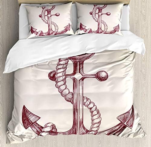 USOPHIA Anchor 4 Pieces Bed Sheets Set Full Size, Realistic Hand Drawn Sketch Marine Vintage Design Sails Yacht Boat Cruise Floral Duvet Cover Set, Dark Mauve Cream