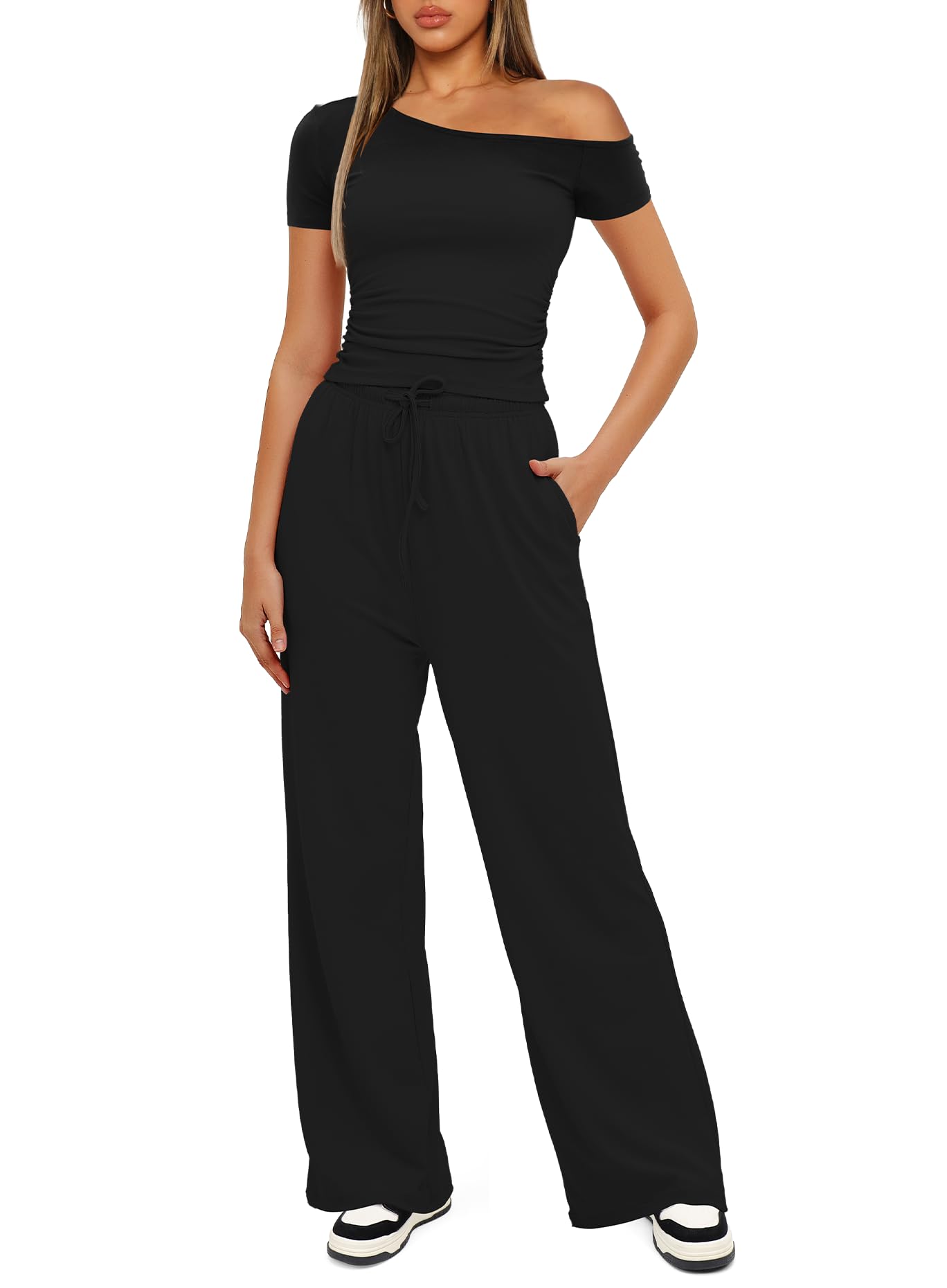 Photo 1 of ** JUST THE PANTS** Darong Women's 2 Piece Outfits Lounge Sets Off Shouler Short Sleeve Tops and High Waisted Wide Leg Pants Tracksuit Sets 9083A Black L