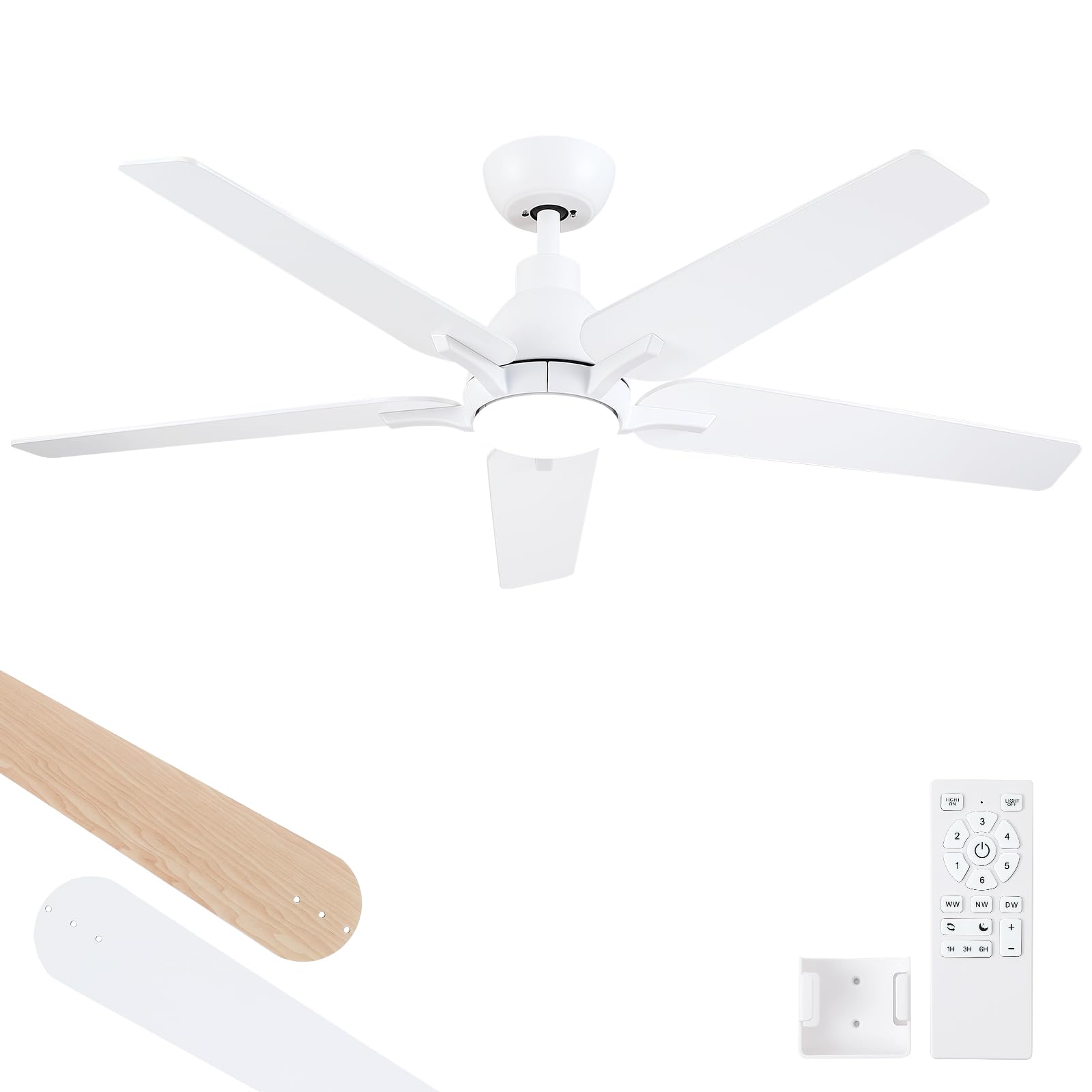 Photo 1 of *** HAS BROKEN LIGHT**** putroad 52 Inch Ceiling Fans with Lights and Remote, White Ceiling Fan, 5 Blade Modern Ceiling Fan for Bedroom, Living Room, Dining room, Patio, Dimmable 6 Speeds DC Quiet