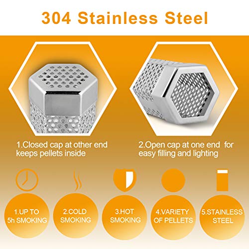 Pellet Smoker Tube,12"Stainless Steel BBQ Wood Pellet Tube Smoker for Cold/Hot Smoking,5 Hours of Billowing Smoke-for Any Grill or Smoker.Hexagon , Accessories -2 S Shape Hooks,1 Cleaning Brush.