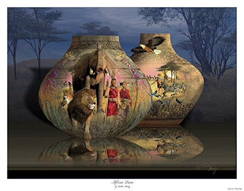 African Dawn - 24x18 fantasy still life of African warrior surrounded by African animals moving out of ancient pottery onto table - art print by Roberta Wesley - direct from Wesley Prints. (1)
