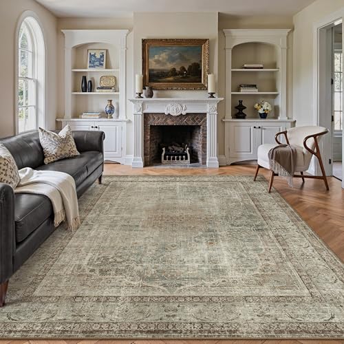PureCozy Teppich Wohnzimmer 300x400cm Waschbarer Grün Braun Wohnzimmerteppich
