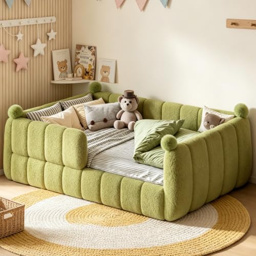 Bellemave Upholstered Floor Bed with Fence, Full Size Floor Bed with Slats
