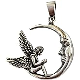 Fairy on Crescent Moon Pendant - 925 Sterling Silver Necklace Charm for Women and Girls