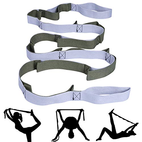 Xtextile Yoga Stretching Strap with Loops，Yoga Strap Multi-Loop Strap Stretch Strap for Physical Therapy, Workout, Pilates, Dance,Yoga and Exercise (Green&Grey)