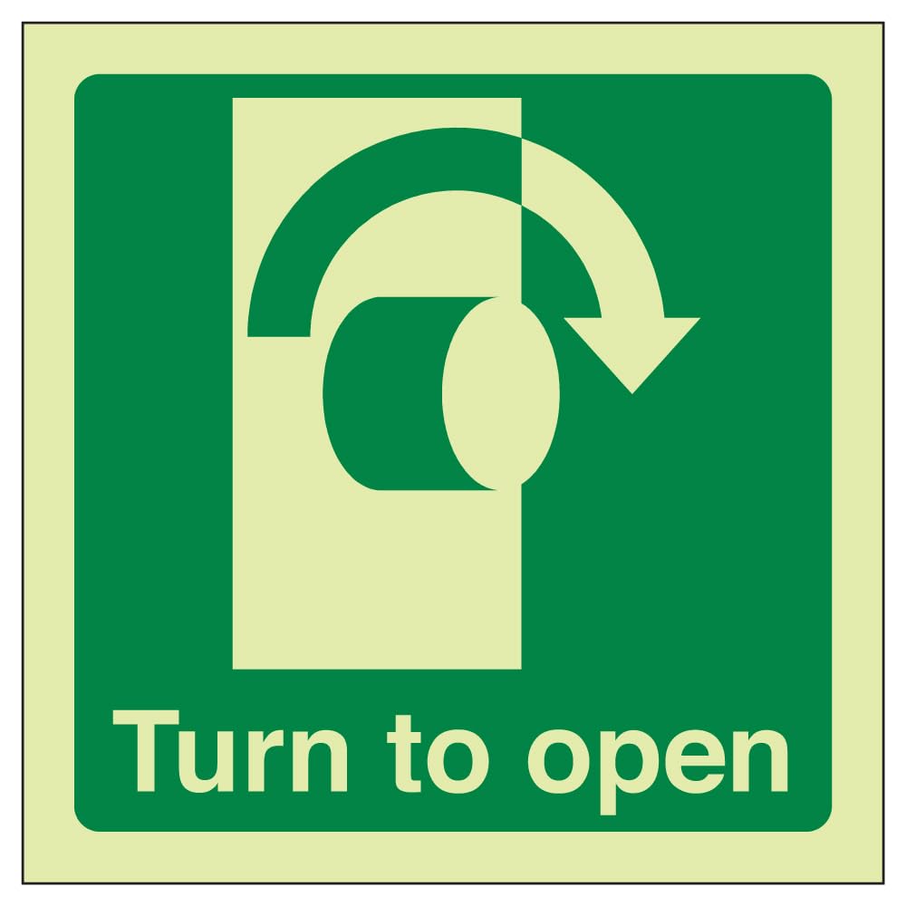 V Safety 22018AF-GS Glow In The Dark Turn To Open (Clockwise) Door Sign - 100mm x 100mm - Self Adhesive Vinyl