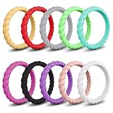 [10 Pack] Silicone Wedding Ring for Women, Mokani Thin and Braided Rubber Band, Fashion, Colorful, Comfortable fit, Skin Safe