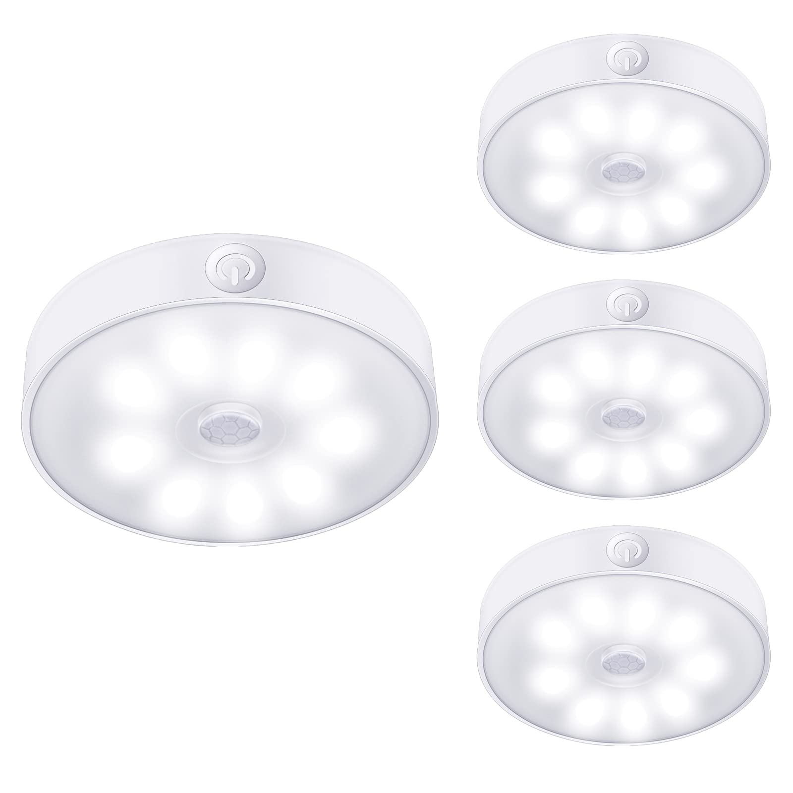 LAVAED 4 Pack Motion Sensor Puck Lights Indoor LED Closet Lights USB Rechargeable Battery Powered Night Light 9LEDs 6000k Dimmable Under Cabinet Light Stick-on for Pantry Bedroom Kitchen (Cool White)