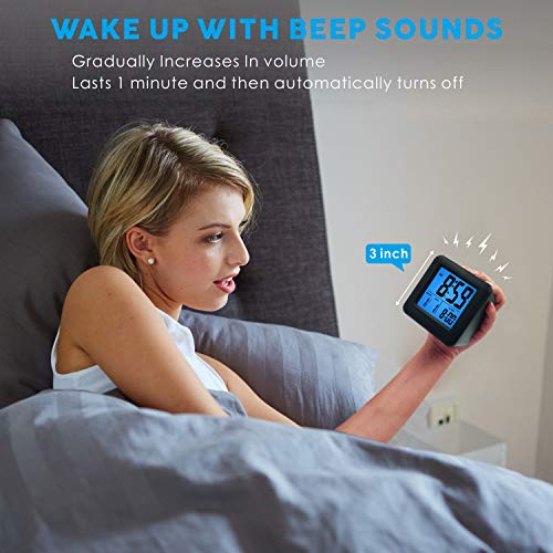 Plumeet Easy Setting Digital Travel Alarm Clocks with Snooze, Blue Nightlight, Large Display Time/Date/Alarm, Ascending Sound Alarm, Batteries Powered (Black)