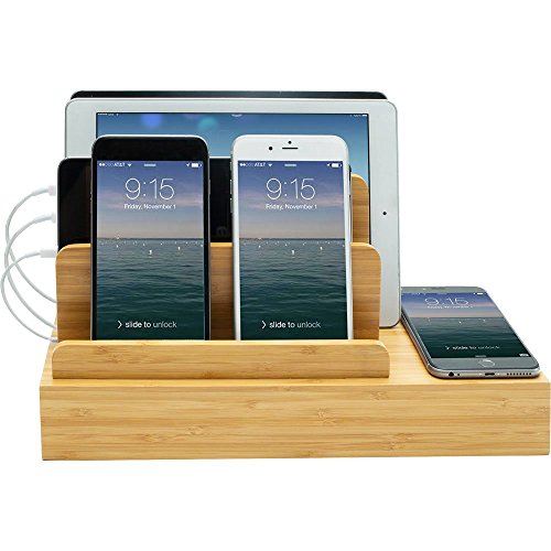G.U.S. Charging Desk Organizer with Wireless Smart Charging Pad + 6-USB Ports. Multi-Device Charger for iPhones, iPads, E-Readers, Samsung, Android, Nexus and More. Strong Build, Eco-Friendly Bamboo