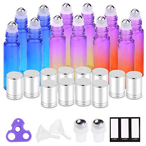 Essential Oil Roller Bottles 10ml by PrettyCare (12 Pack Rainbow Glass, Silver Cap, 24 Labels, 2 Extra Roller Balls, Opener, 2 Funnels) Roller Balls for Essential Oils, Roll on Bottles
