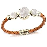 Retro Shaw Bangle Bracelet with Natural Crystals Gold Plated Leather Gemstone Bracelet Gifts for Women and Girls Jewelry
