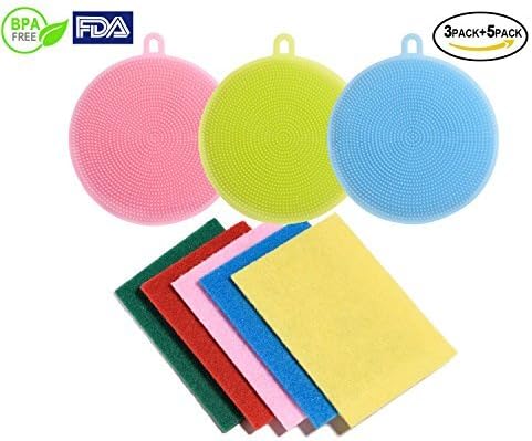Food Grade Silicone Dish Scrubbers Antibacterial Brushes Multi-purpose Cleaning Brushes Kitchen Sponges for Washing Glass Bottle Pot Pan Fruit and Vegetable 8 Pack (8 Pack round shape in multi color)