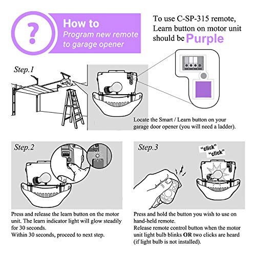 2 Pack - Garage Door Opener Remote Replacement for LiftMaster 370LM 371LM 372LM 373LM - Chamberlain 950D 953D 956D - Craftsman 139.53753 - Compatible with Purple Learn Button 315MHz - Thumbnail 5