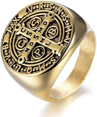 Excow Jewelry St Benedict Exorcism Signet Religious Ring for Men,Demon Protection Ghost Hunter Cross CSBP Rings