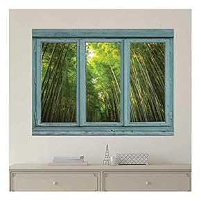 Vintage Teal Window Looking Out Into a Green Bamboo Forest - Wall Mural, Removable Sticker, Home Decor - 24x32 inches