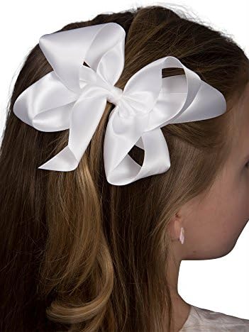 Satin Ribbon Hair Bow Large 5" with strong Alligator Clip for Little Girls Dressy Strasburg Children (White)