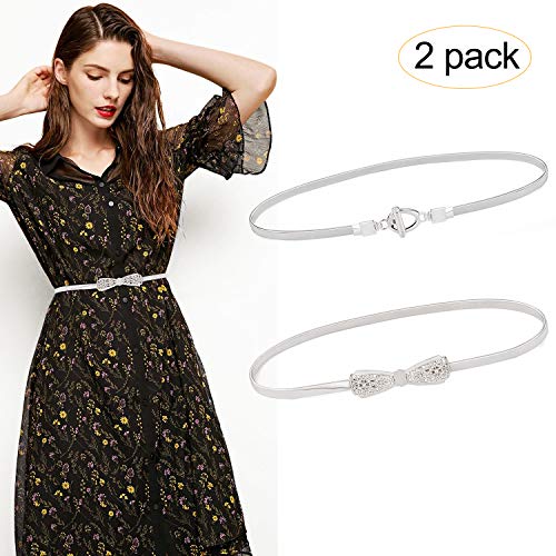 Women Elastic Skinny Waist Belt Metal Stretchy Chain Dress Belts for Women Girls 2 Pack Gold Silver By JASGOOD (01Silver, Perfect for Waist 27''-30'')