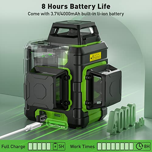 Huepar Green Laser Level 3×360° Self-Leveling with Rechargeable Li-ion Battery, 30-60m Cross Line Laser with Pulse Mode, Magnetic Base - Precision Pro for Construction & DIY